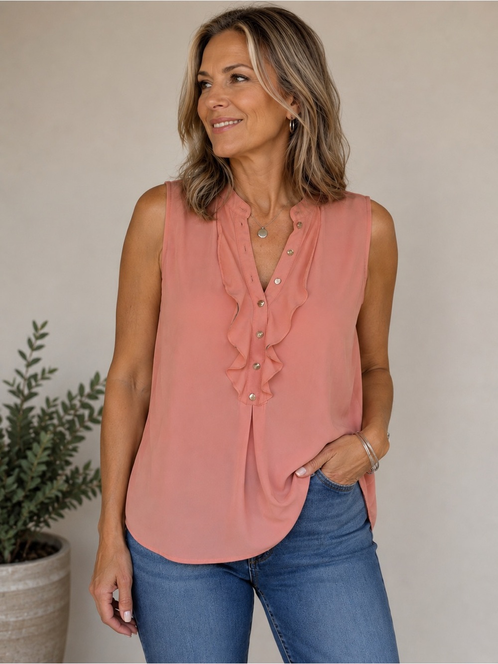 White House Black Market Sleeveless Ruffle V-Neck Camisole - Coral